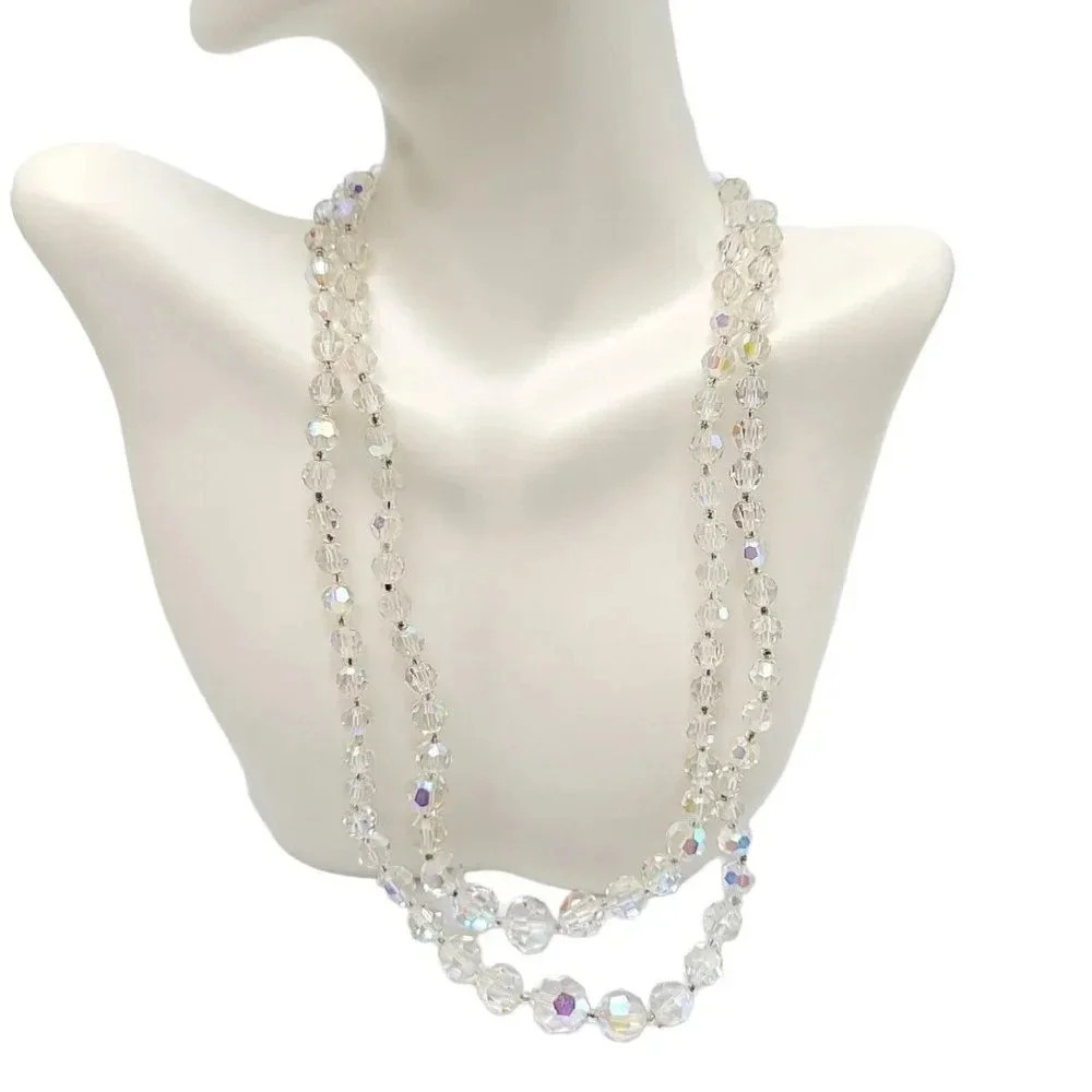 Clear Glass Aurora Borealis Crystal Dual Strand Rhinestone Clasp Necklace 17.5"